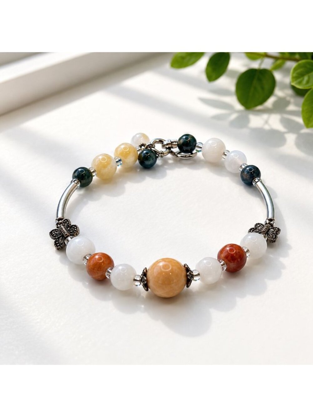 Natural Gemstone Beaded Bracelet With Butterfly Charms Multicolor Design 7-Inch
